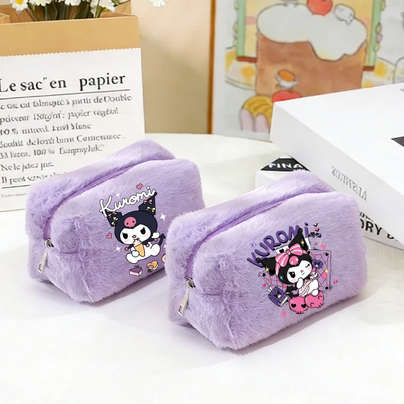 

Cute Kuromi Girl Makeup Bag Plushd Soft Sanrio Anime Print Woman Office Kawaii Portable Kid Key Coin Toiletries in Cosmetic Case
