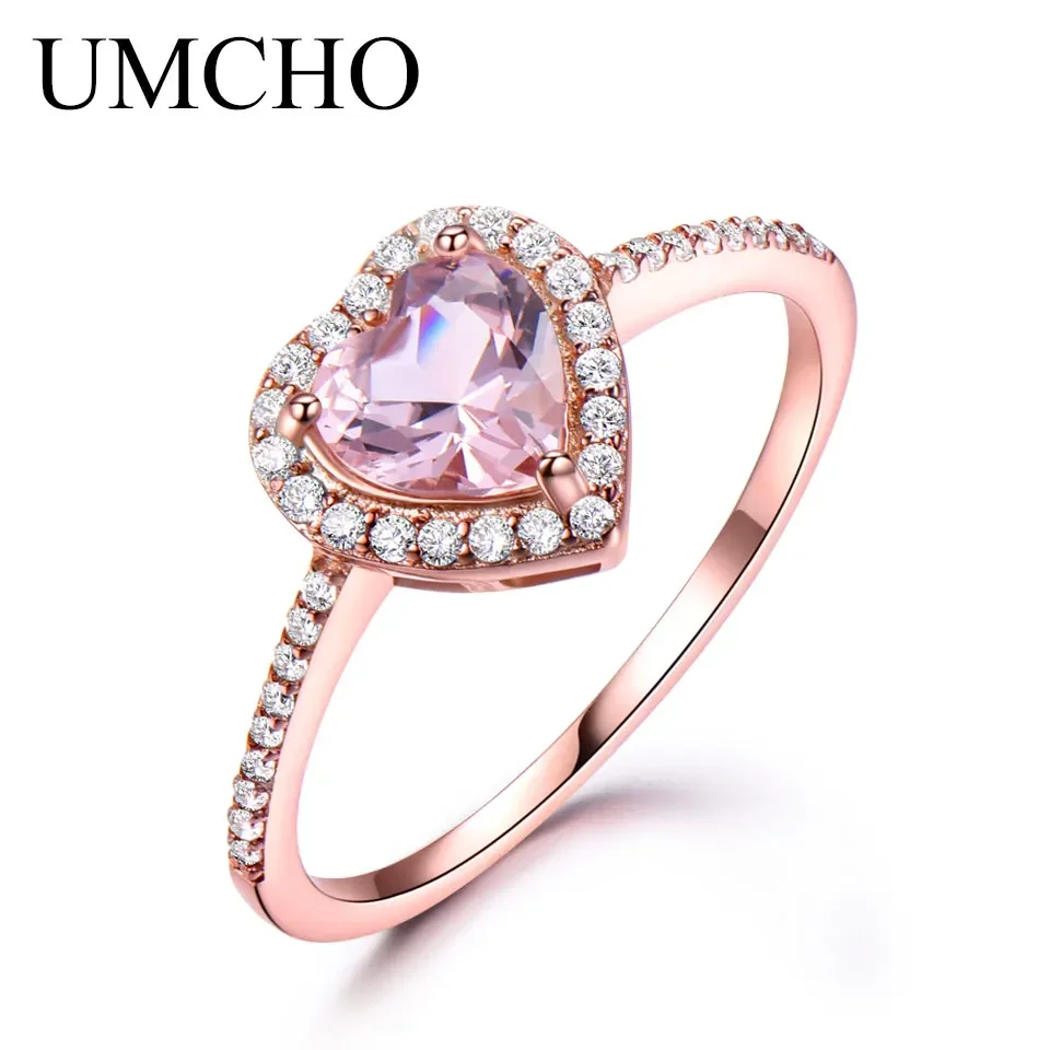 UMCHO Pink Morganite Rings for Women 925 Sterling Silver Ring Heart Engagement Wedding Band Valentine\'s Day gift Fine Jewelry