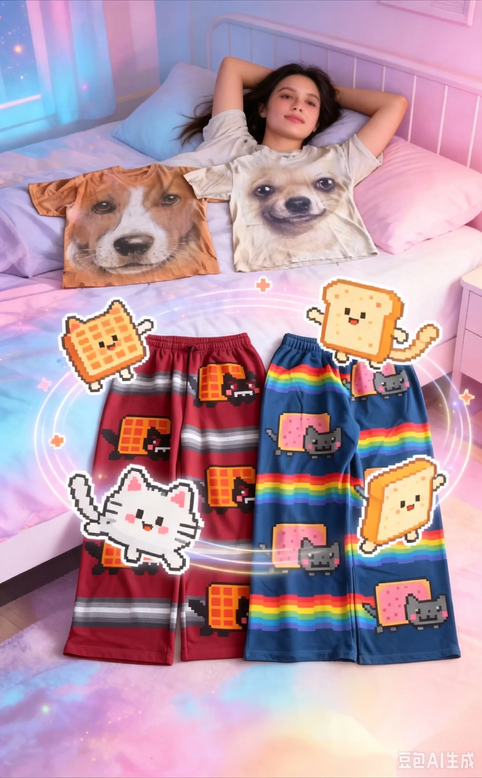 Regenbogen-gestreifte Pixel-Katze, süßer, mädchenhafter, süßer und cooler Subkultur-Harajuku-Stil, Cartoon-Loose-Fit-Hose – Detail 5