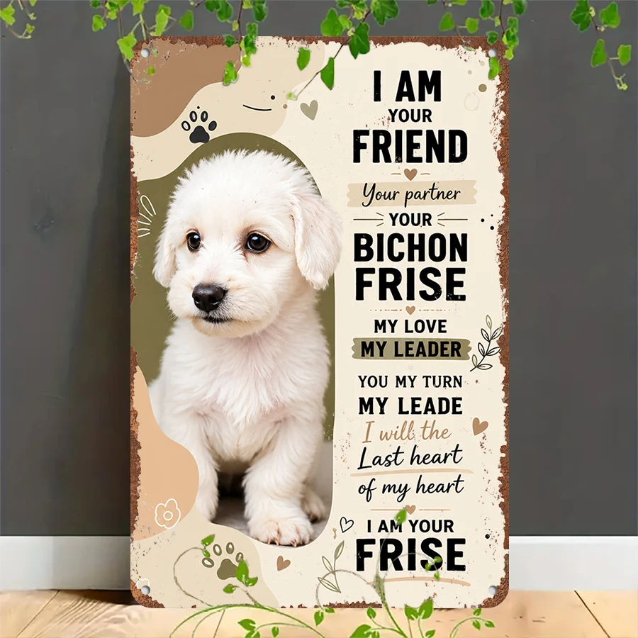 2D flat retro metal tin plate,  Vintage Bichon Frise Friend Metal Wall Sign, Suitable for home, garage, café, bar and garden decoration