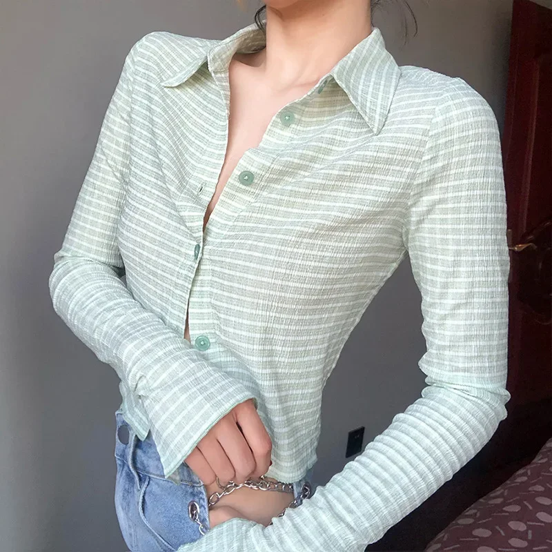 Retro Ladies Spring  Long-sleeved Short-slim Fashion Single-breasted Checkered Lapel Long-sleeved Single-breasted T-shirt