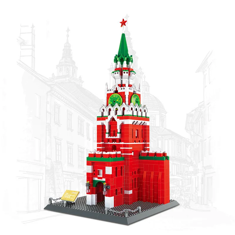 Kreatywne klocki do budowy Kremlin Spasskaya Tower Moskwa Rosja Model budowlany Cegła Architektura historyczna Kolekcja zabawek