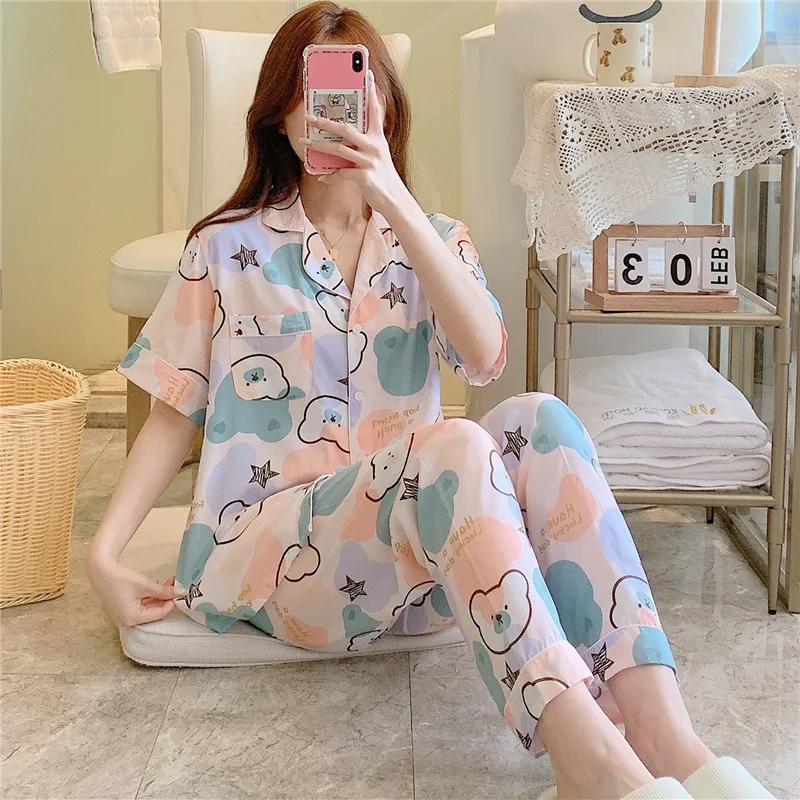 Pajamas Women Summer Short Sleeve Print Sleepwear Homewear Kawaii Korean Style Pajamas Set Home Clothes