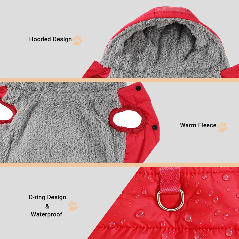 Winter-Kapuzenmantel für Hunde und Katzen, Dickes Fleece, Winddichte Welpenjacke mit D-Ring, Einfarbiges Outfit für Chihuahua und Schnauzer – Detail 13