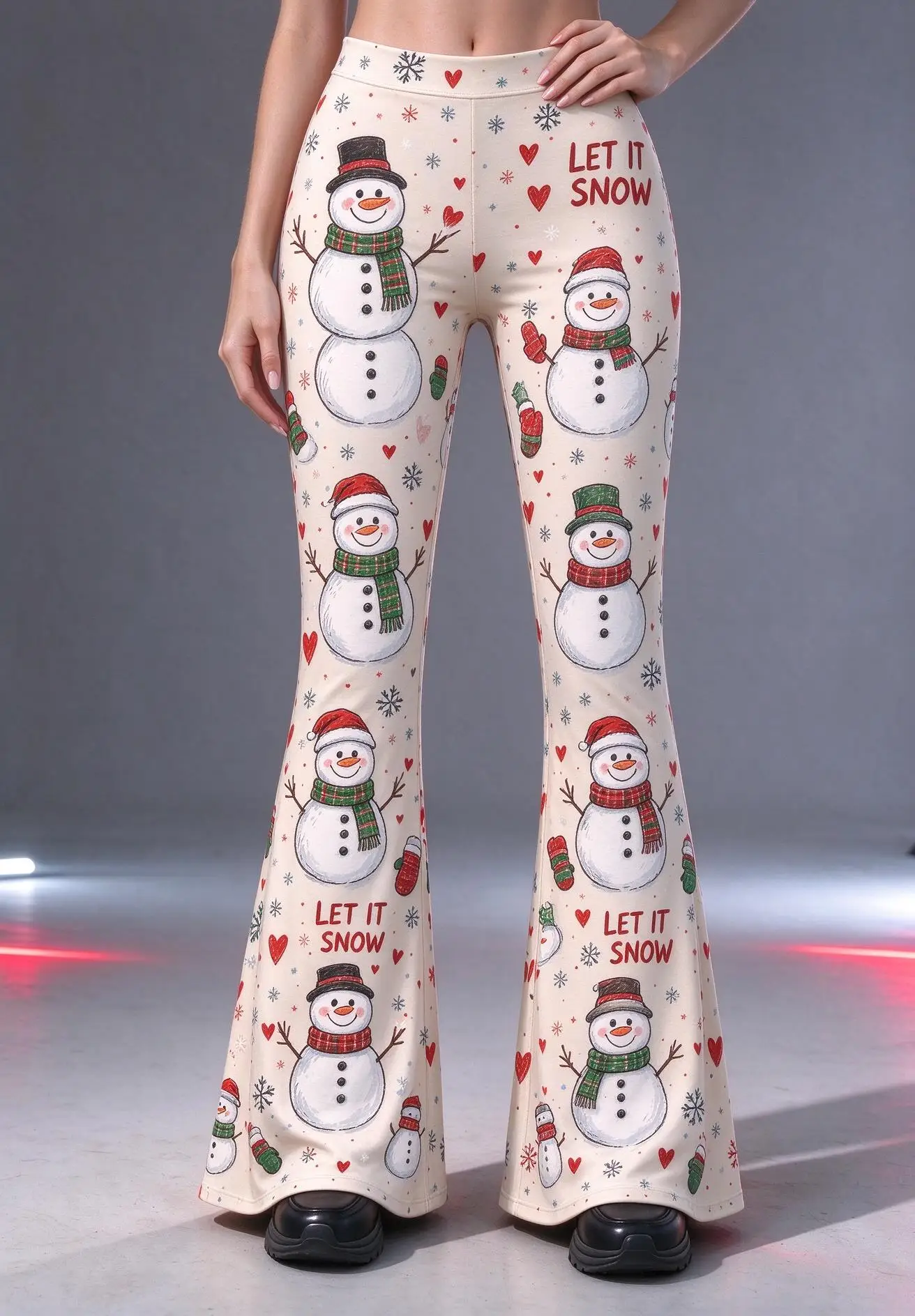 Women Mid Rise Skinny Flare Pants Christmas Snowman Let It Snow Heart Print Cream Stretch Bell Bottom Trousers
