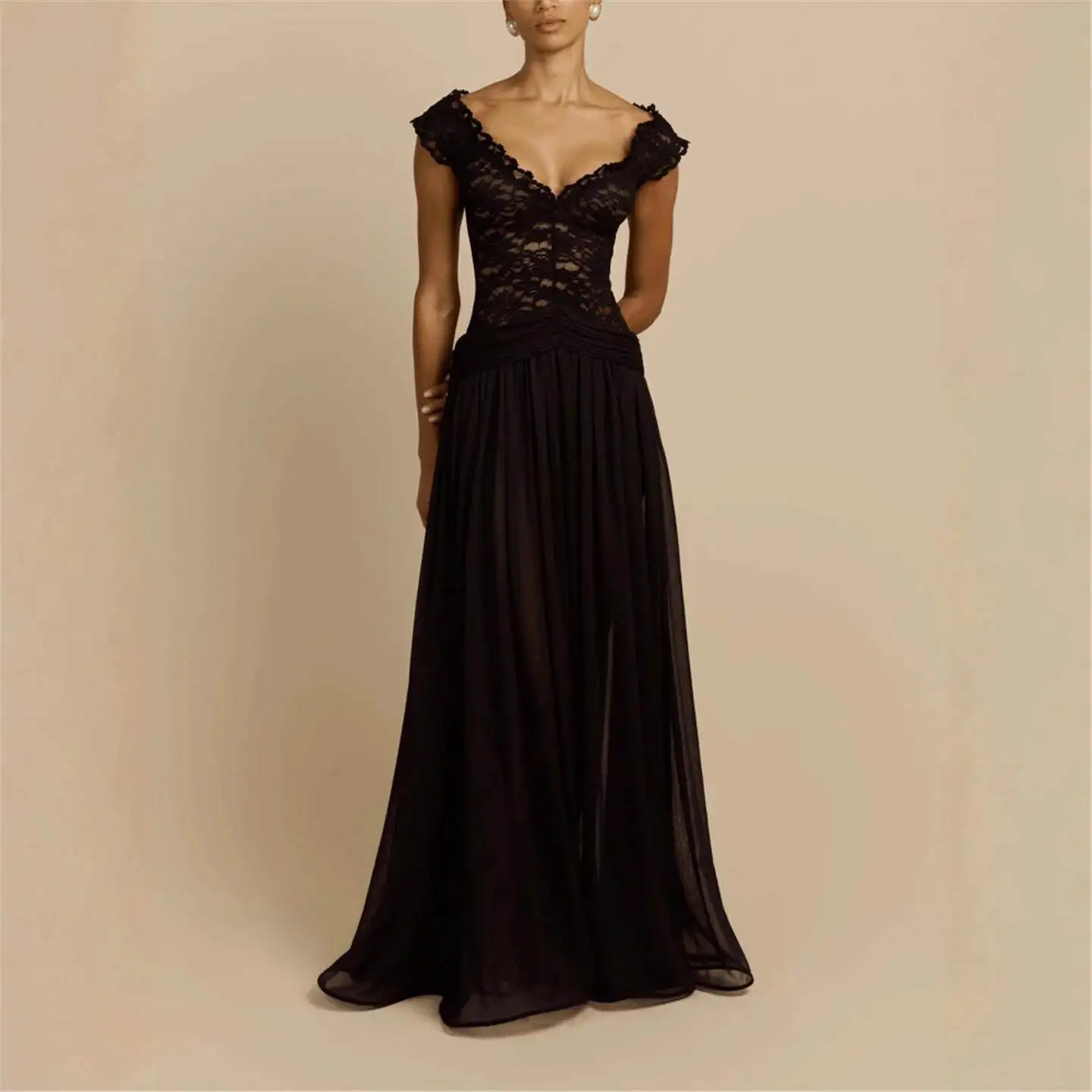 

Elegant Deep V Hollow out Splice Net Slimming Women's Dress High Waist A-Line Skirt Style Sleeveless Three-acetate Fiber