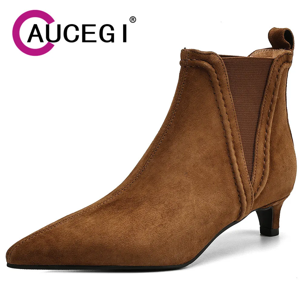 Aucegi Hot Sale Spring Autumn New Women Chelsea Ankle Boots Kid Suede Pointed Toe Slip On New Office Mid Heels Party Dress Shoes