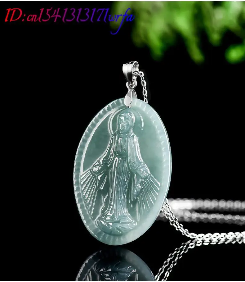 Myanmar Jadeite Virgin Mary Pendant Necklace Carved Amulet Burmese Jade Luxury Charm Fashion Accessories 925 Silver Vintage