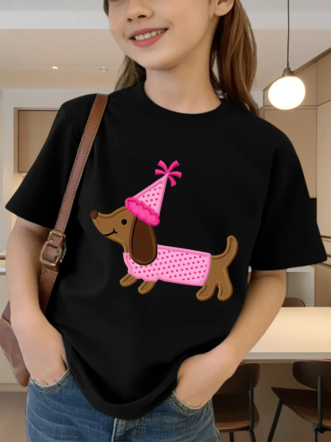 Party Hat Dachshund Cartoon Print Boys Girls T Shirt Lovely Puppy Kids Tee Parent Child Matching Casual Summer Family Daily Tops