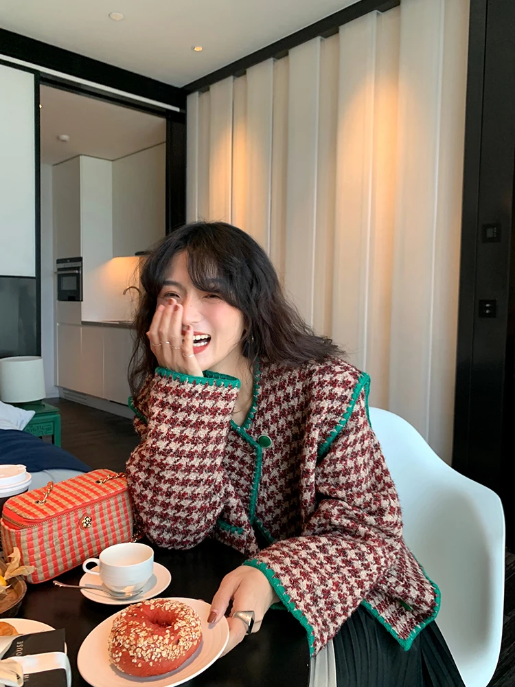 

Женская шерстяная куртка в клетку, осенне-зимняя тонкая корейская рубашка на пуговицах, прямой крой, смесь полиэстера и шерсти