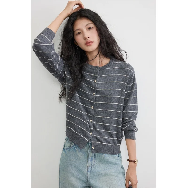 

Autumn Striped Sweater Cardigan Women 10%Wool Round Neck Color-block Single Breasted Korean Knitwear