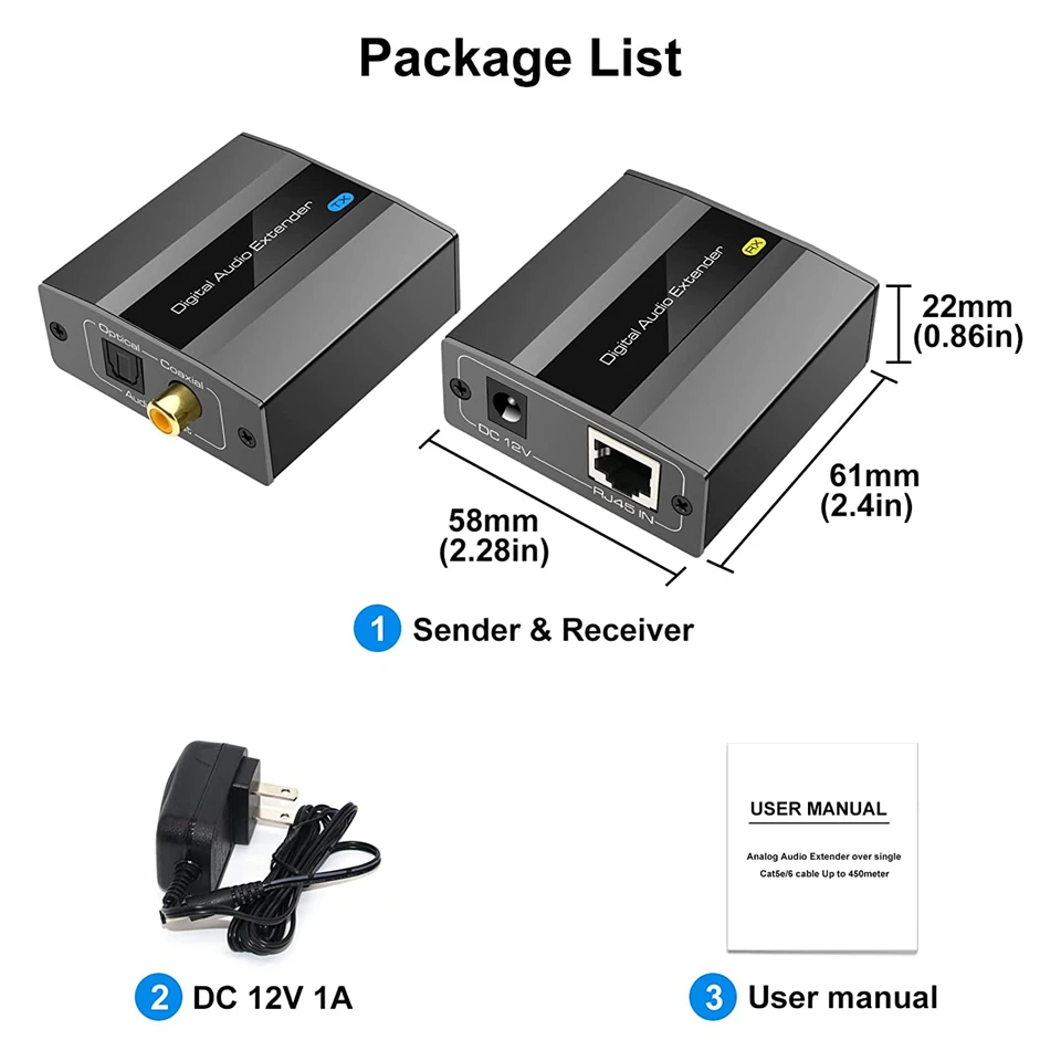 Navceker Digital Audio Extender Optical Toslink SPDIF Coaxial Over Ethernet Single Cat5e Cat6 Cable DSD DTS Extender for Laptop