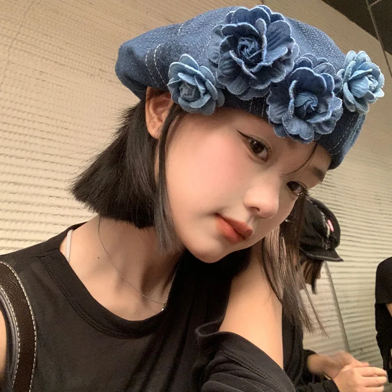 New Flowers Denim Beret Hat For Women Girl JK Korean Soft Octagonal Cowboy Cap Solid Color Flat Top Floral Artist Painter Cap