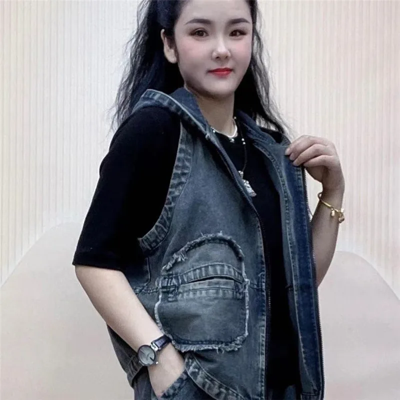 

2024 spring summer new Vintage denim waistcoat women fashion hooded zipper jean vest sleeveless jacket female Outwear tide T384