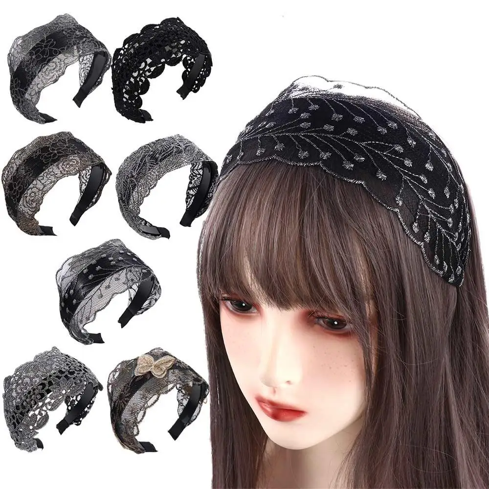 Diademas ajustables de seda coreana antideslizantes con estampado Floral bordado, aro para la cabeza de encaje, diadema ancha, accesorios para el cabello