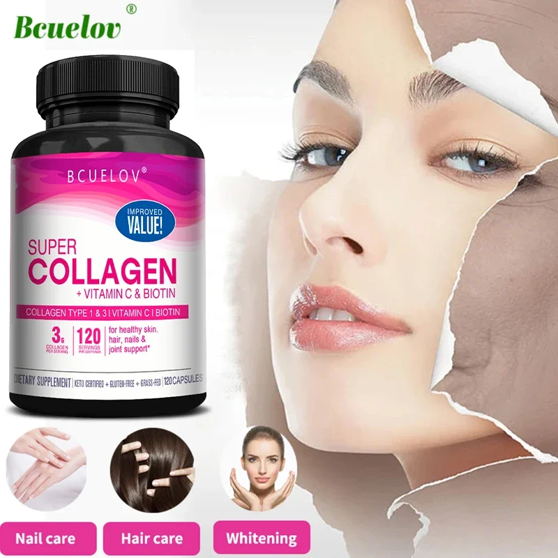 Collagene + Vitamina C più Biotina, Supporto Antietà, Antiossidante, Schiarente, Integratore Pelle, Capelli e Unghie, 120 Capsule