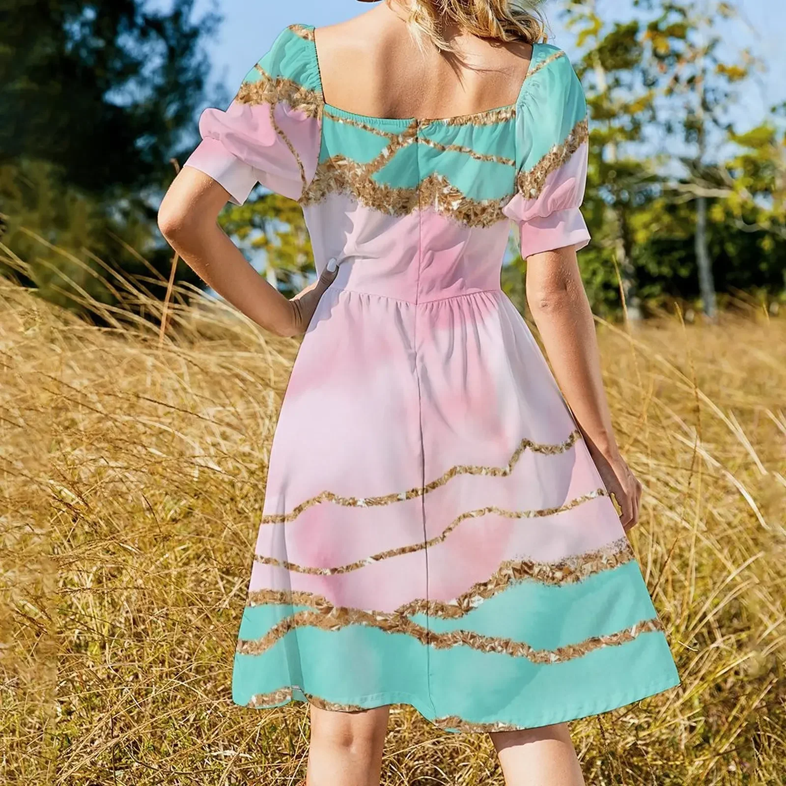 Vestido femenino de tendencia rosa y verde océano con paisaje de mármol sintético sin mangas, vestido de fiesta, vestidos de mujer, vestido de verano 2025