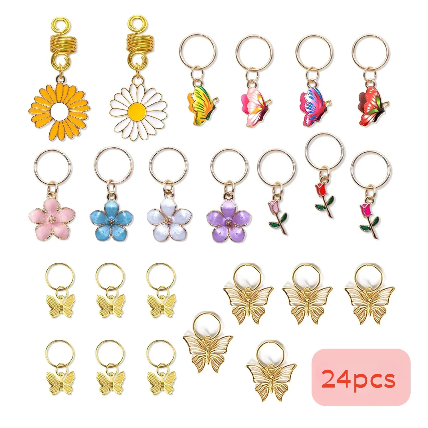 24-teiliges Set mit Blumen- und Schmetterlings-Haarschmuck-Anhängern, Haarspangen und Haarringen, bunte Blumen, schillernde Schmetterlinge – Detail 3