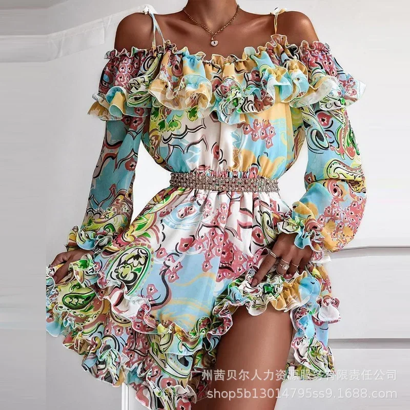 Spring Autumn Dress Women Printing Slash Neck Off-Shoulder Dress Women's Sexy Lantern Sleeve Ruffle Stitching Dress No Belt