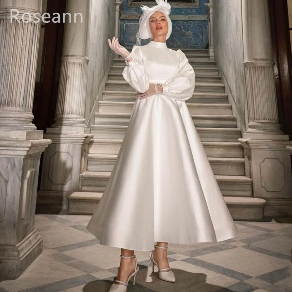 

Muslim Exquisite Ivory High Collar Wedding Dresses Tulle Satin Brideing Gown Full Anke Length Brush Train robe de mariée