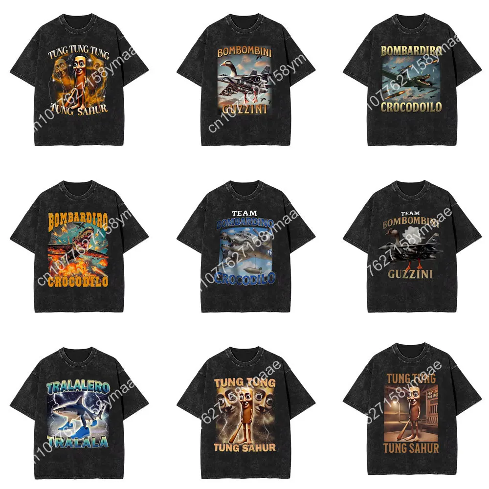 

Washed Men Tung Tung Tung Sahur Baseball Bat T Shirt Tralalero Tralala Shark T-shirts Bombardiro Crocodilo Plane Bomber T Shirts