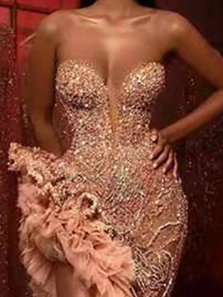 Vestido largo elegante con lentejuelas para mujer, vestido Sexy sin tirantes ajustado Irregular con hombros descubiertos, vestido de fiesta de malla de cintura alta