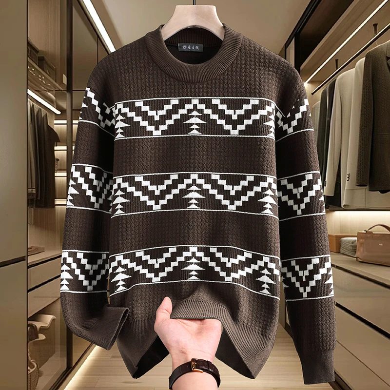 

Мужской вязаный свитер на осень-зиму, свободный крой, круглый вырез, утолщенный, из полиэфирного волокна, мягкий, комфортный, повседневный стиль, с геометрическим узором
