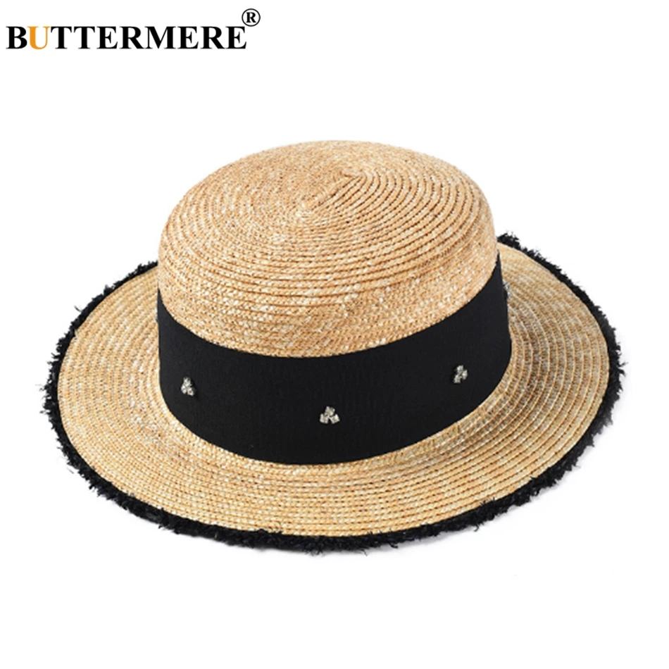 BUTTERMERE Summer Straw Hat Women Rhinestone Beach Sun Caps Ladies Beige Fashion Decorate Brand Female UV Protection Sun Hat