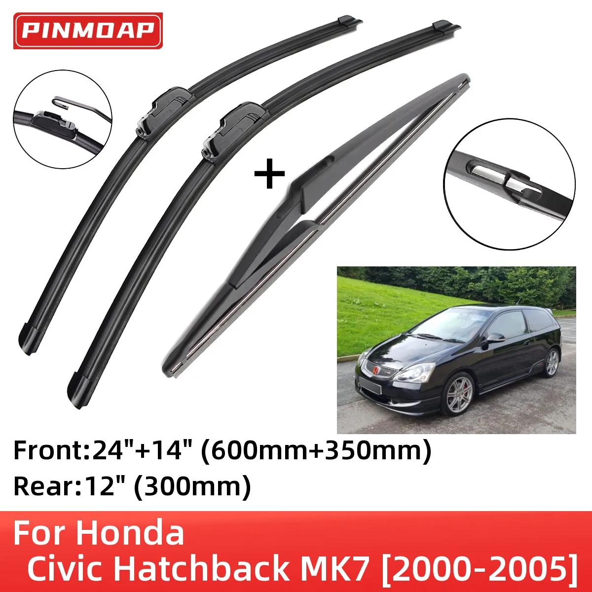 For Honda Civic Hatchback MK7 2000-2005 Front Rear Wiper Blades Brushes Cutter Accessories J Hook 2000 2001 2002 2003 2004 2005