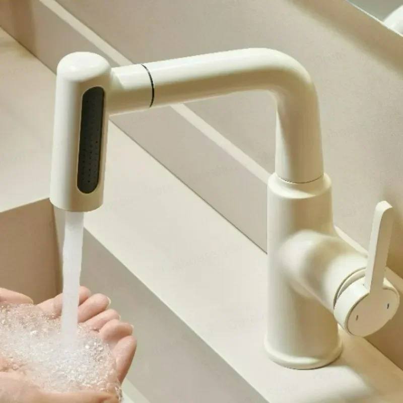 Brass Basin Faucet Pull-Out Sprayer Hot Cold Water Sink Mixer Wash Tap for Bathroom - Lift up down Stream Function