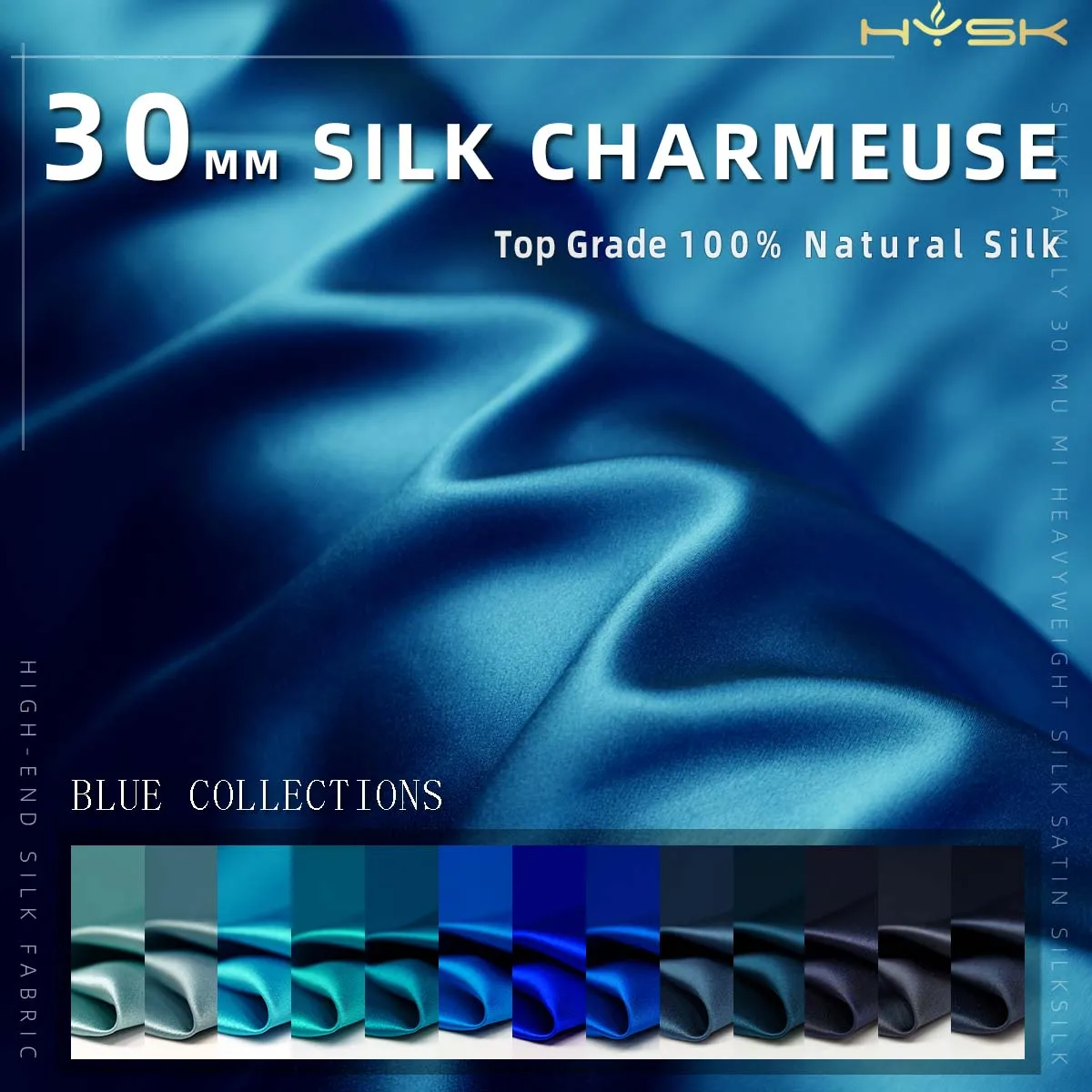 Premium 30mm 100% Heavy Weight Mulberry Silk Satin Fabric , Nature silk Charmeuse, Summer,Tailor Shop Plain Dyed blue collection