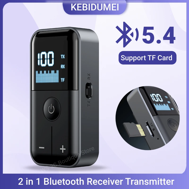 Transmissor receptor de áudio 2 em 1, bluetooth 5.4, 3.5mm, aux, cartão tf, música estéreo, display led, adaptador sem fio com microfone para carro, tv