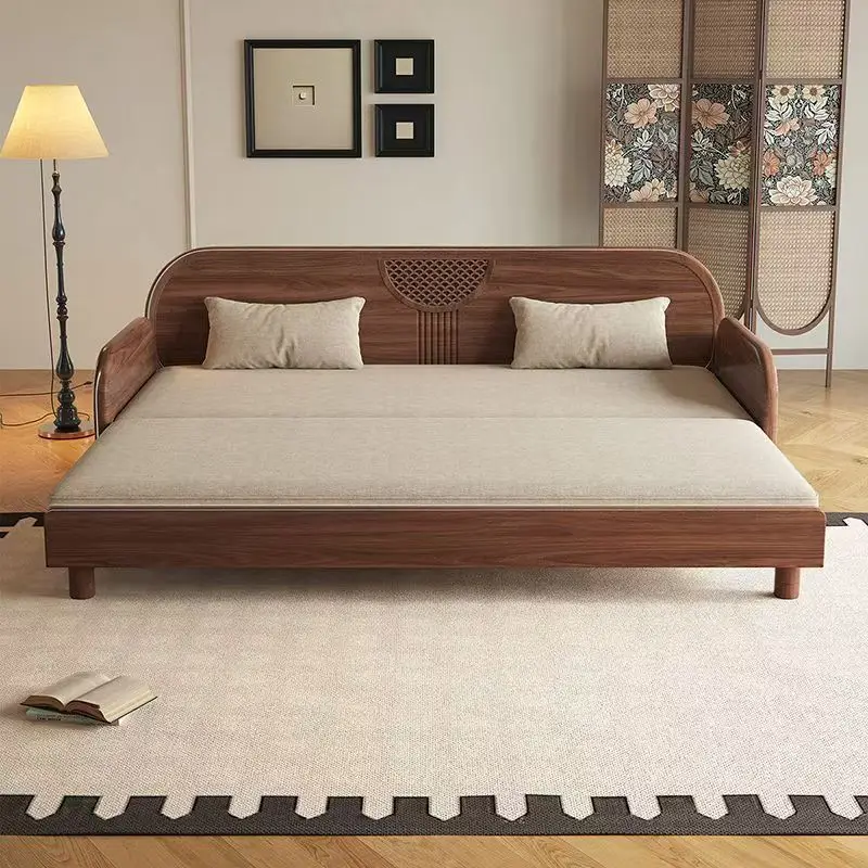 Nordic solid wood folding sofa bed living room black walnut sitting and sleeping sofa small apartment fabric sofa