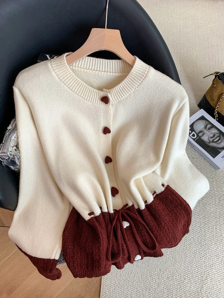 Sweet Preppy Knit Cardigan Women Chic Button Lace Up Patchwork Kawaii Sweater Autumn Winter Scarf O Neck Casual Knitwear Tops