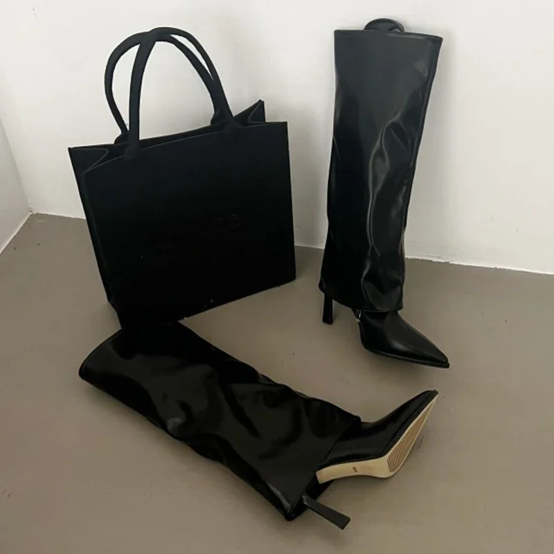 Party Modern Ladies Knee High Boots Pointed Toe Fashion Pleated Western Women Long Boots Shoes Female Pumps Heels Shoes
