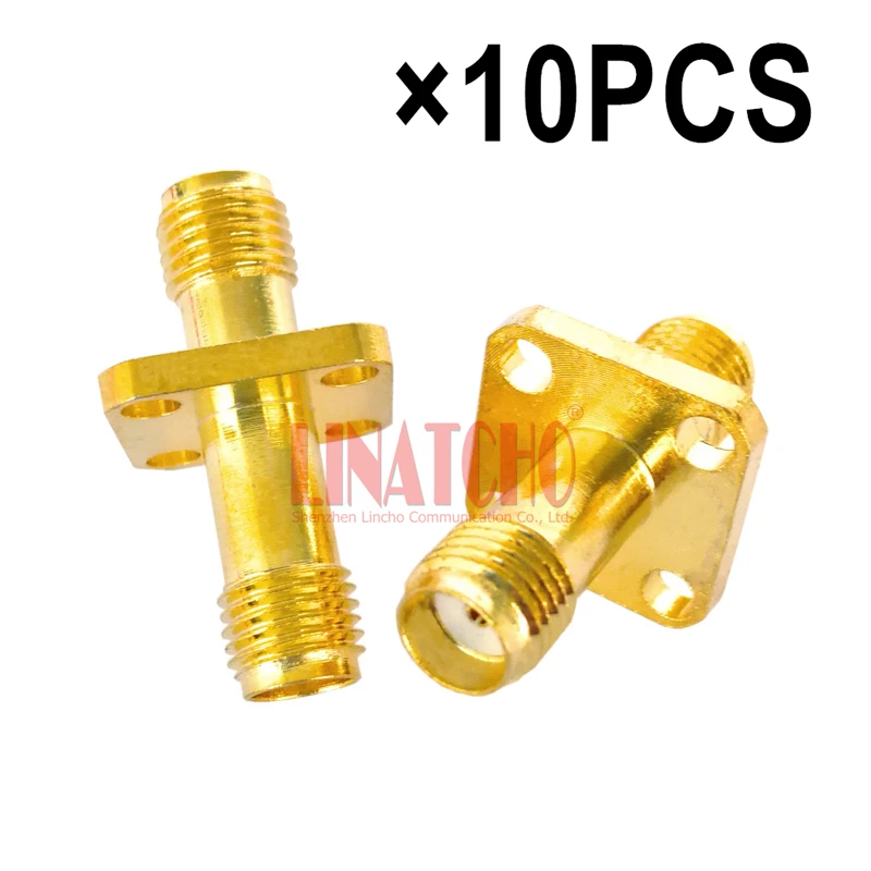 10PCS 50Ohm Golden Color SMA Female to SMA Female Flange 4 Fixing Holes Connector Adapter