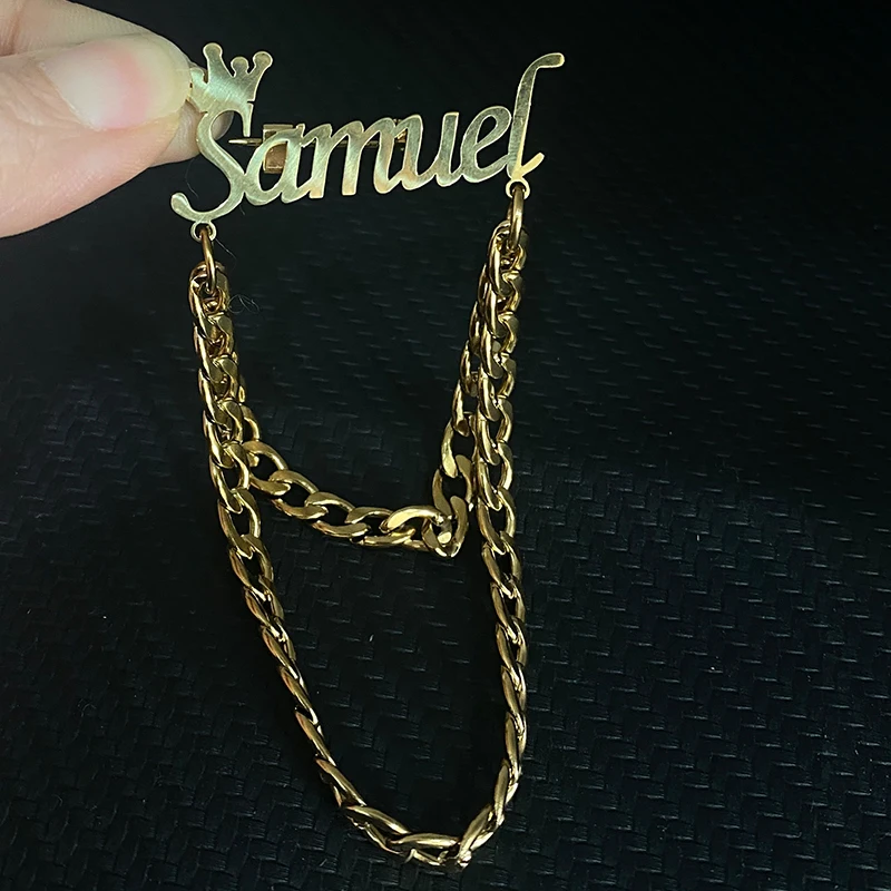 

Stainless Steel Your Name Letters Custom Pins for Woman Crown Name Personalizados Broches Link Accessorios Bag Clothes Charm Pin