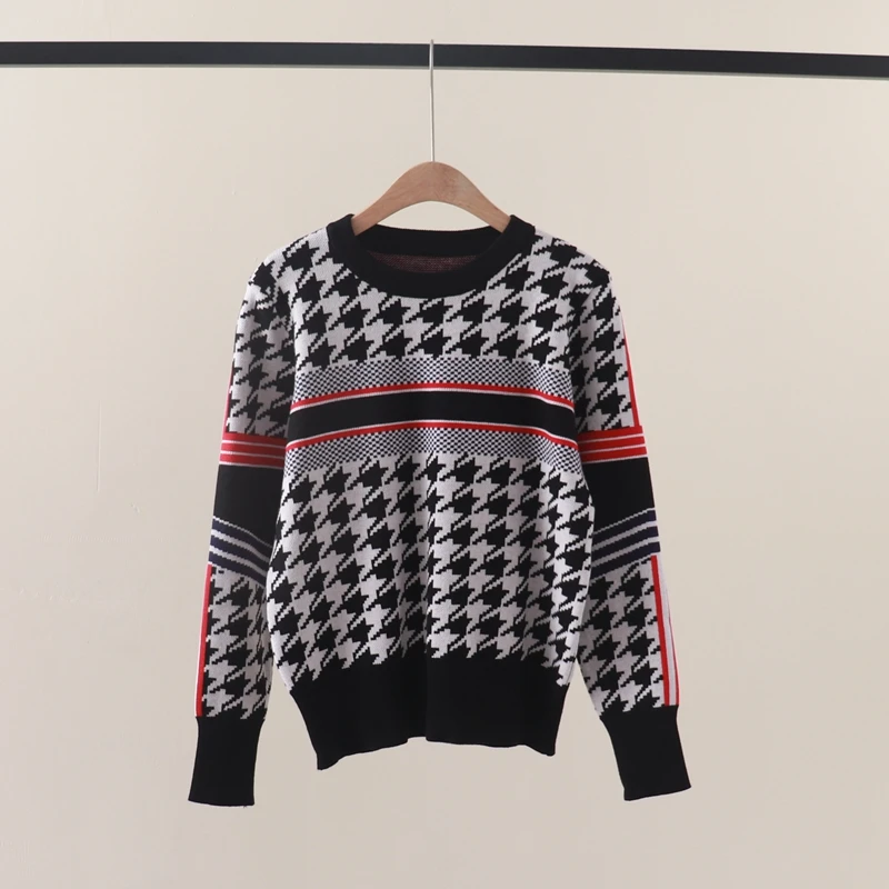 Autumn and winter new fashionable patchwork thousand bird grid contrasting round neck pullover sweater versatile and slimming bo