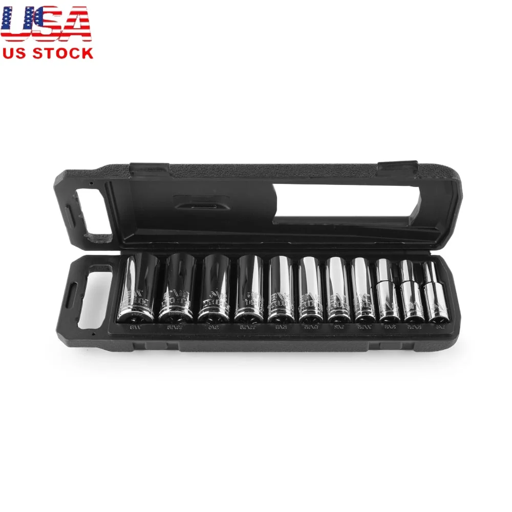 

Набор глубоких головок из 11 предметов, 3/8 дюйма, SAE, хромованадиевая сталь, 6-точечная конструкция, устойчивые к ржавчине, автомобильные инструменты, сверхмощное использование