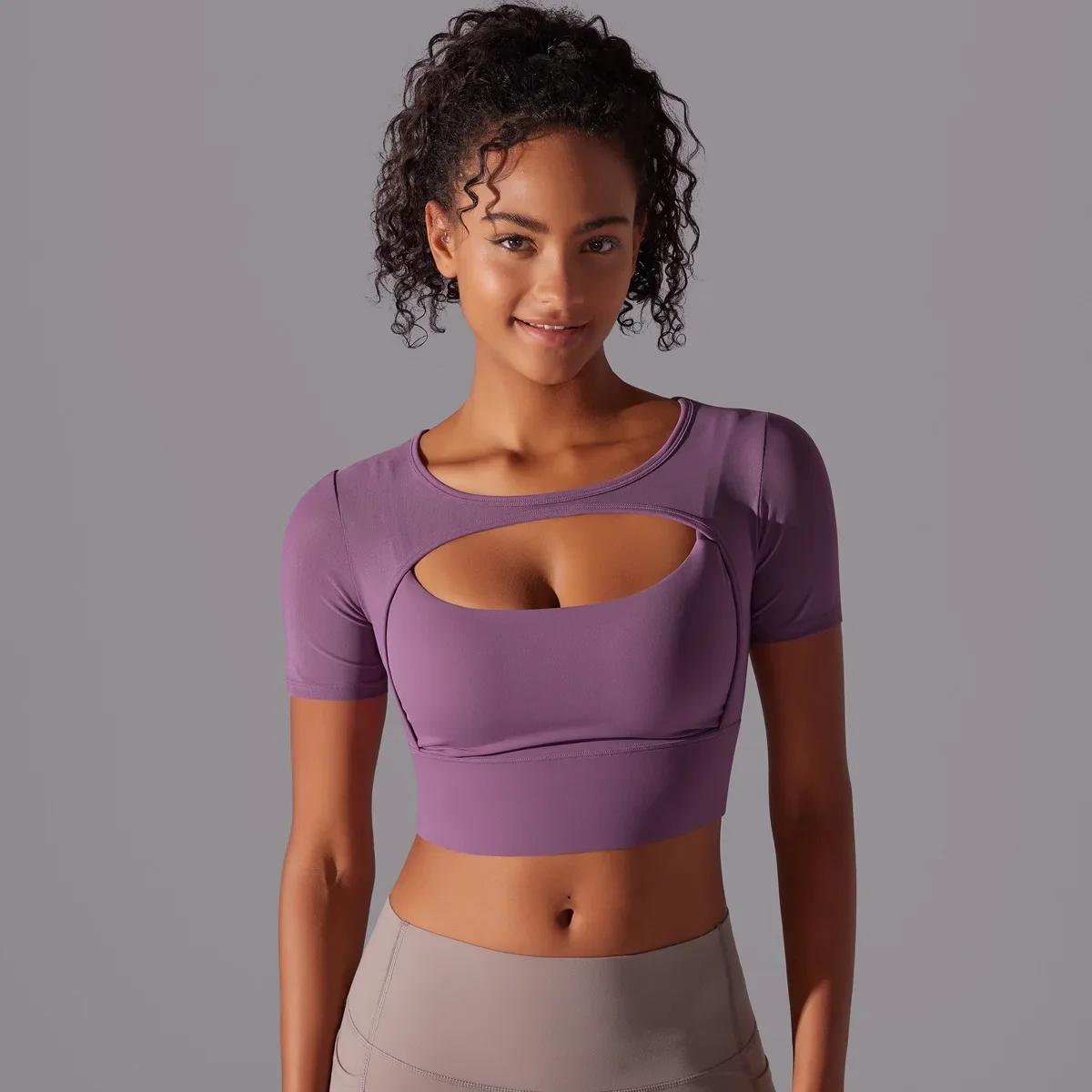 

solid color splicing mesh sexy double-layer short-sleeved suspender bra running fitness riding yoga wear top for yoga women