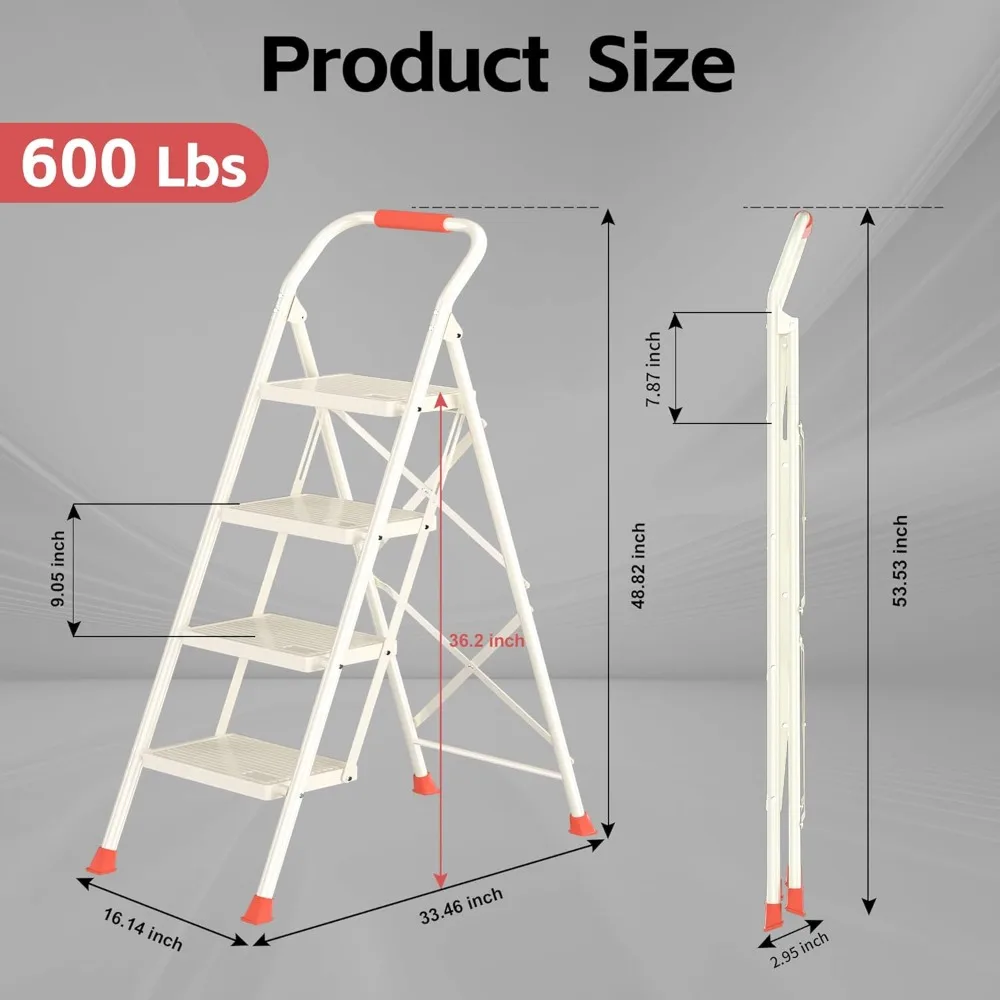Foldable 4-Step Ladder Stool - 600Lbs Heavy Duty with Handrails, Space-Saving for Home Kitchen Use