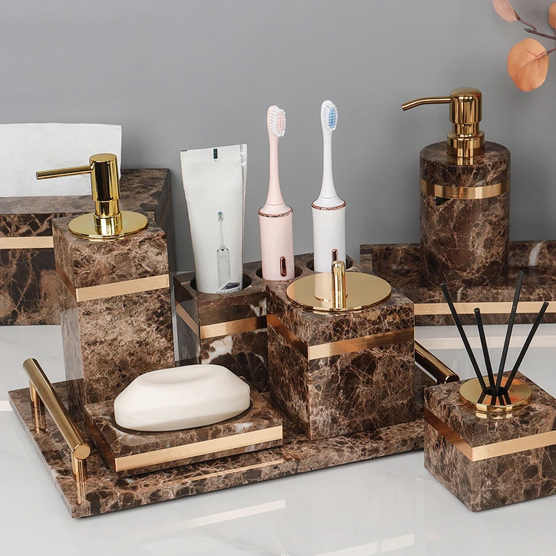 Light Luxury Marble Bathroom Wash Set Lotion Bottle Tray Washbasin Bathroom Supplies Light Luxury Bathroom Supplies Ornaments