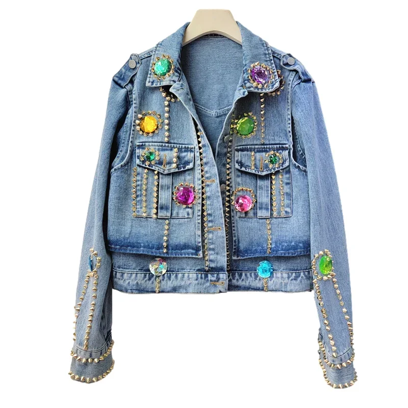 Streetwear diamants Rivet grande poche à manches longues veste en jean femmes décontracté Cowboy vêtements d'extérieur en vrac court jean veste manteau femme