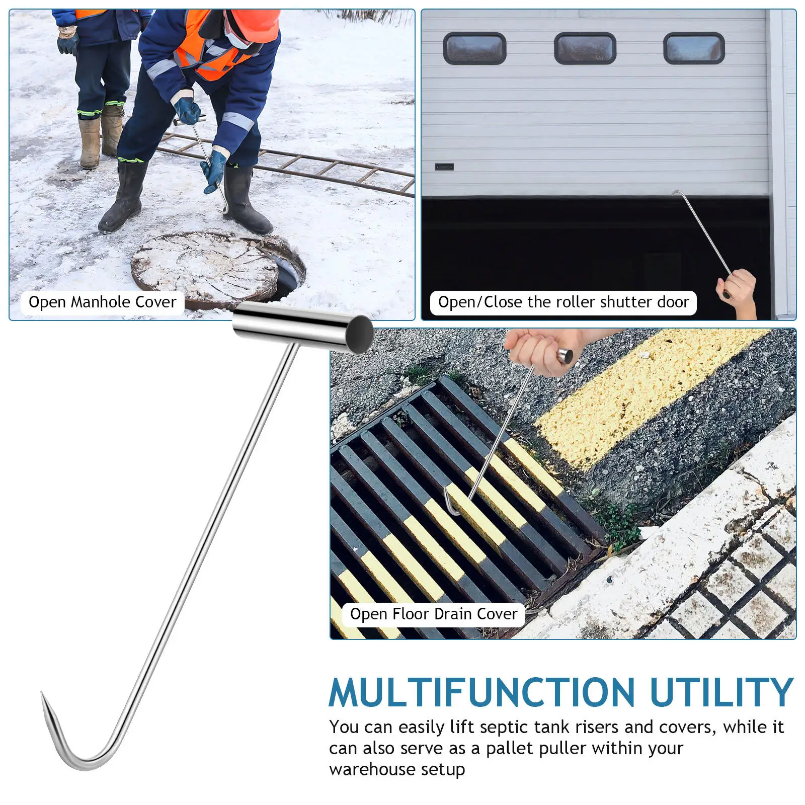 2Pcs Heavy Duty Stainless Steel Manhole Cover Hooks T-Shape Handle Lifting Tool Non-Slip Drain Cover Puller Lifter