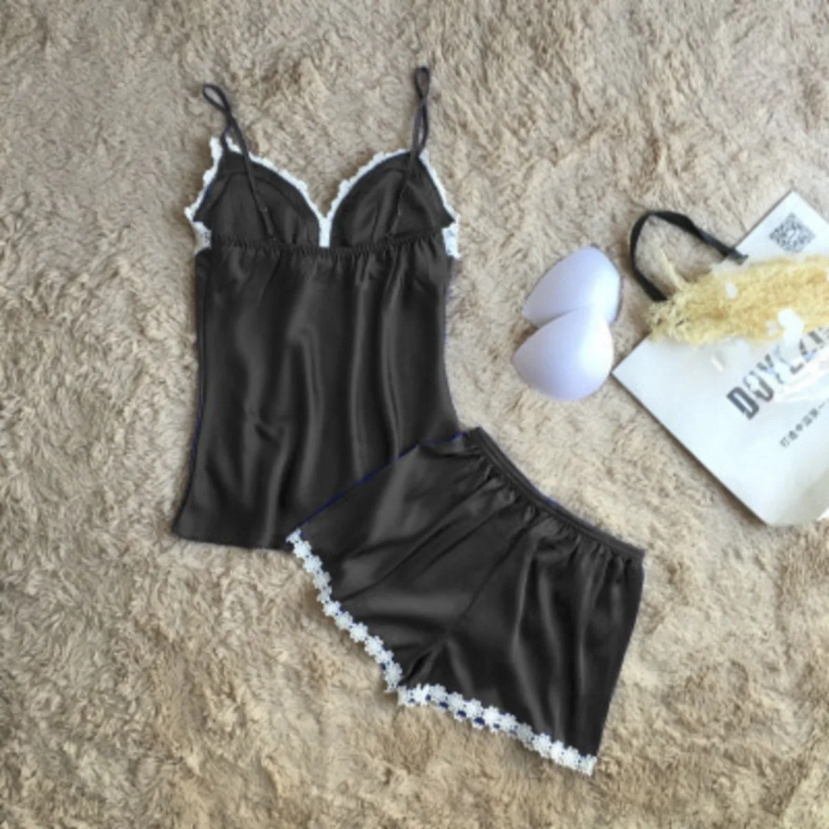 Classic Black Satin Cami Top And Matching Shorts Set Featuring Delicate Lace Trim Details For Women Nightwear Apparel