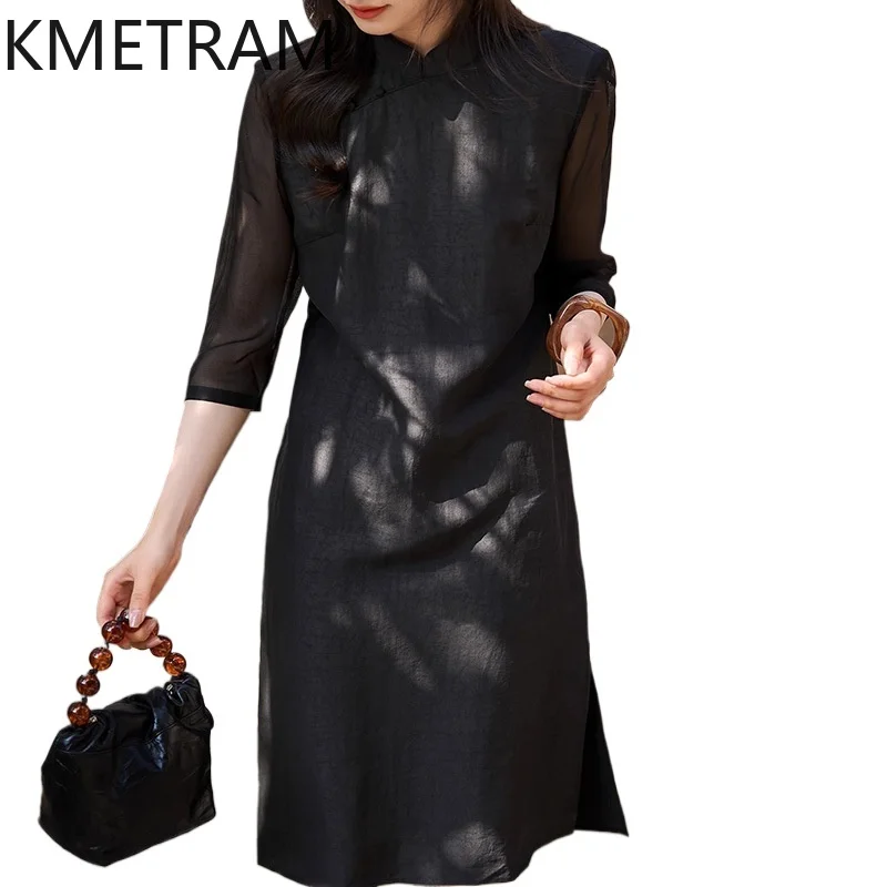 KMETRAM 100% Natural Mulberry Silk Dresses for Women Xiangyun Sha Midi Dress New Chinese Style Summer Frocks 2026 Woman Clothing