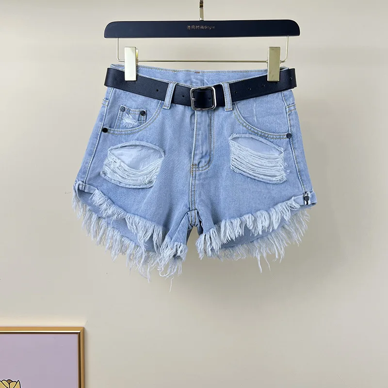 Denim Shorts For Womenblue Denim Shorts Women's 2023 New Summer Street Spicy Girls' Perforated Ragged Edge Fashion Wide Leg A-Li