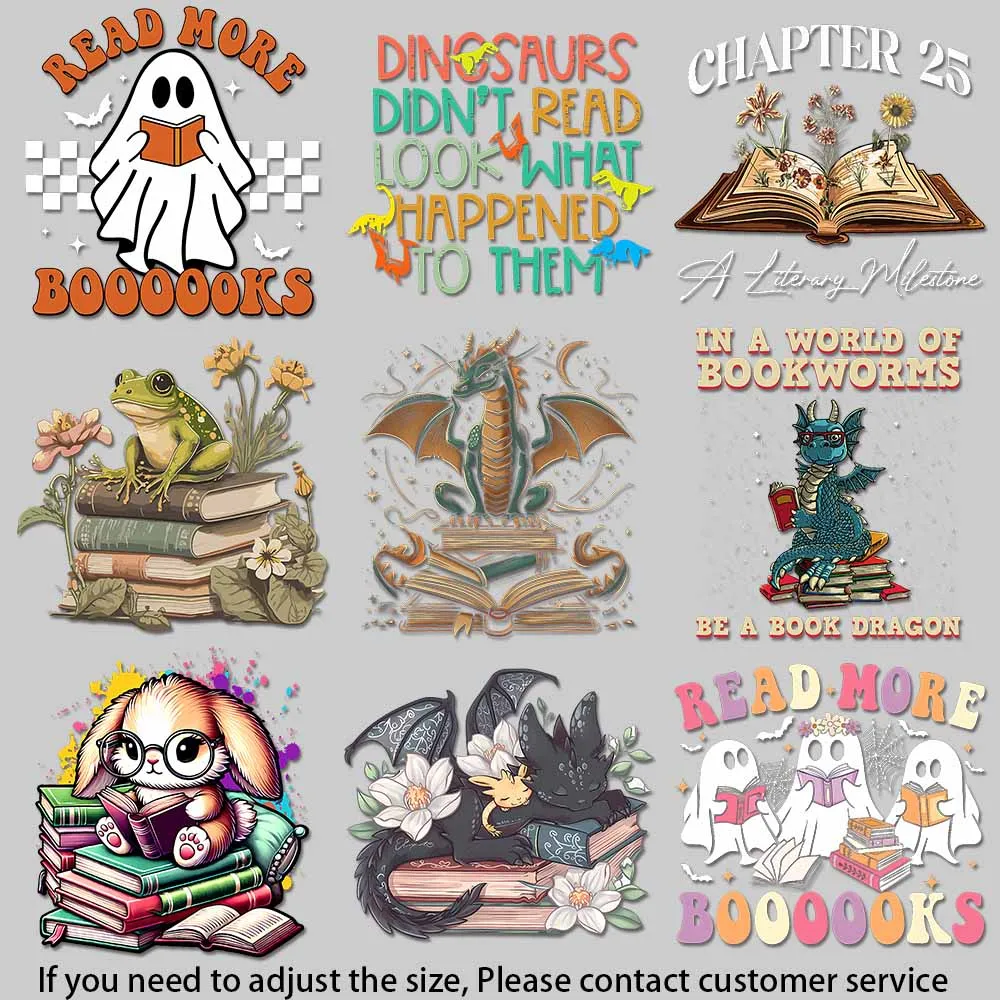 موضوع قراءة ملصق فينيل نابض بالحياة مع رف كتب كرتوني على شكل تنين وتصميم قهوة الشاي للملابس اليدوية #1