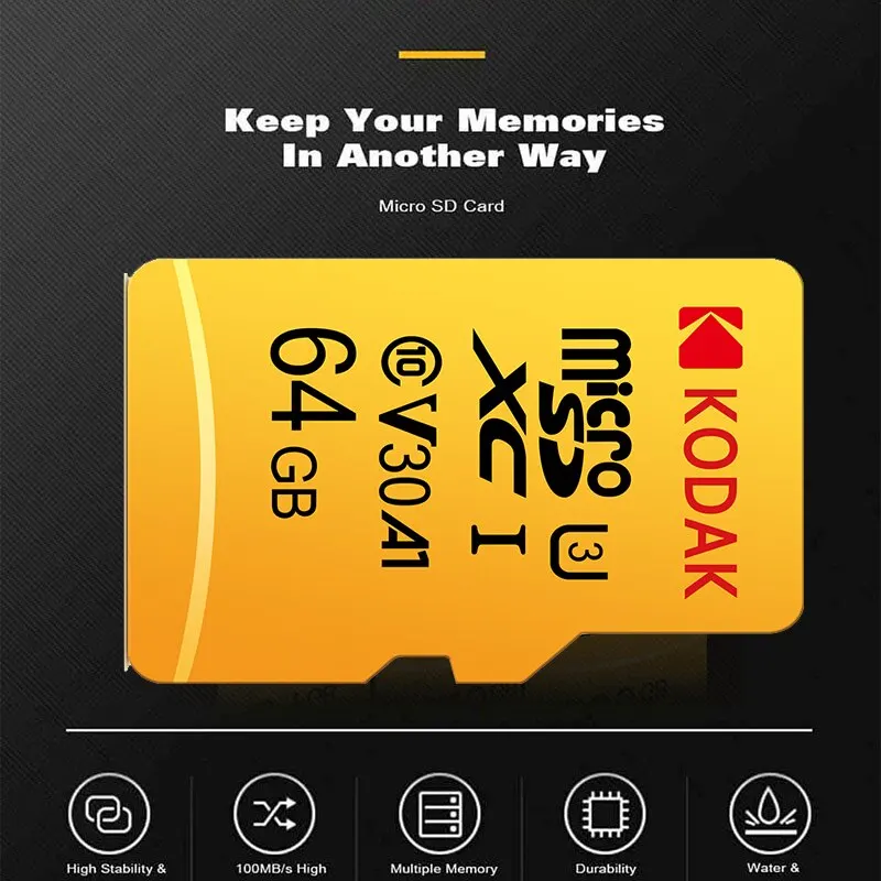 Kodak Micro SD Card Memory Card Class 10 64GB U3 4K High Speed Cartao De Memoria Flash Memory TF Mecard C10