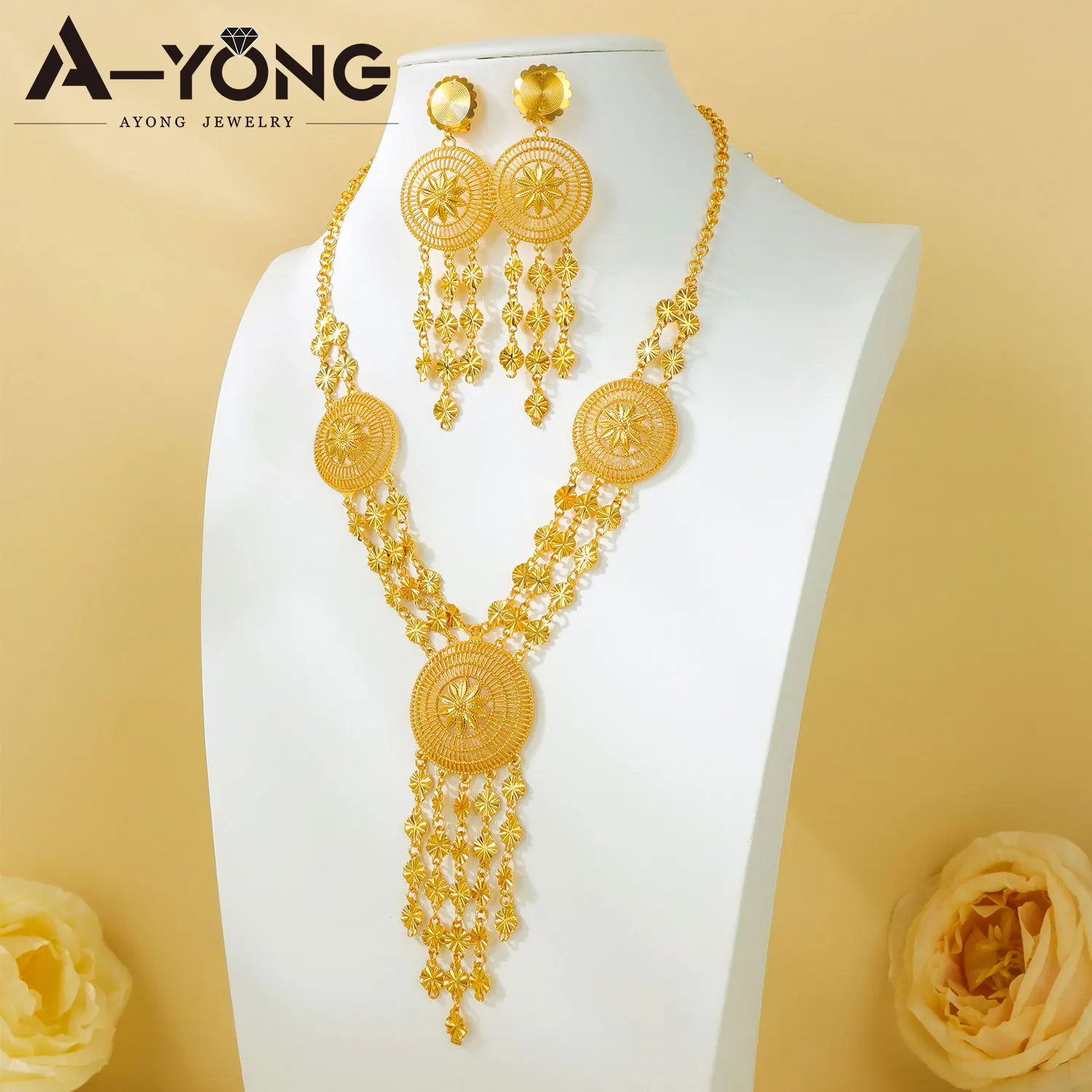 Ethiopian Nigeria Gold Color Jewelry Set Habesha Bridal Wedding Long Necklace Earrings Dubai Women Vintage Party Jewelrys